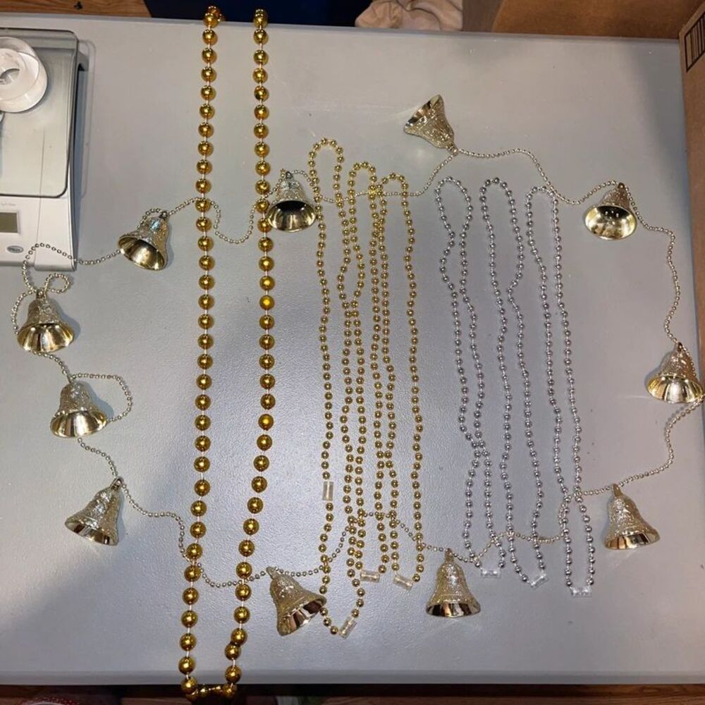 Lot Vintage Metallic Christmas Bead Garland Strands With Jingle Bells Tree Trim